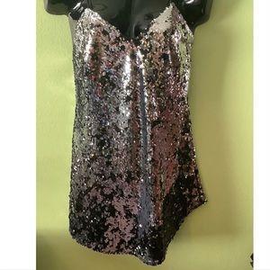 Blue Life Black Silver Sequence Spaghetti Stripes V Neck Mini Dress